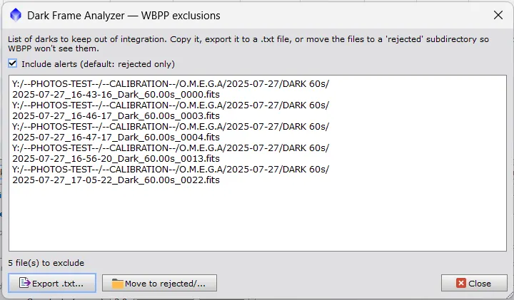 WBPP exclusions dialog: list of darks to keep out, .txt export or move to a rejected/ folder