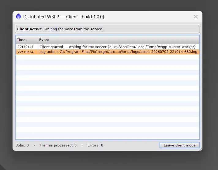 Distributed WBPP Client window: waiting for work from the server, event log