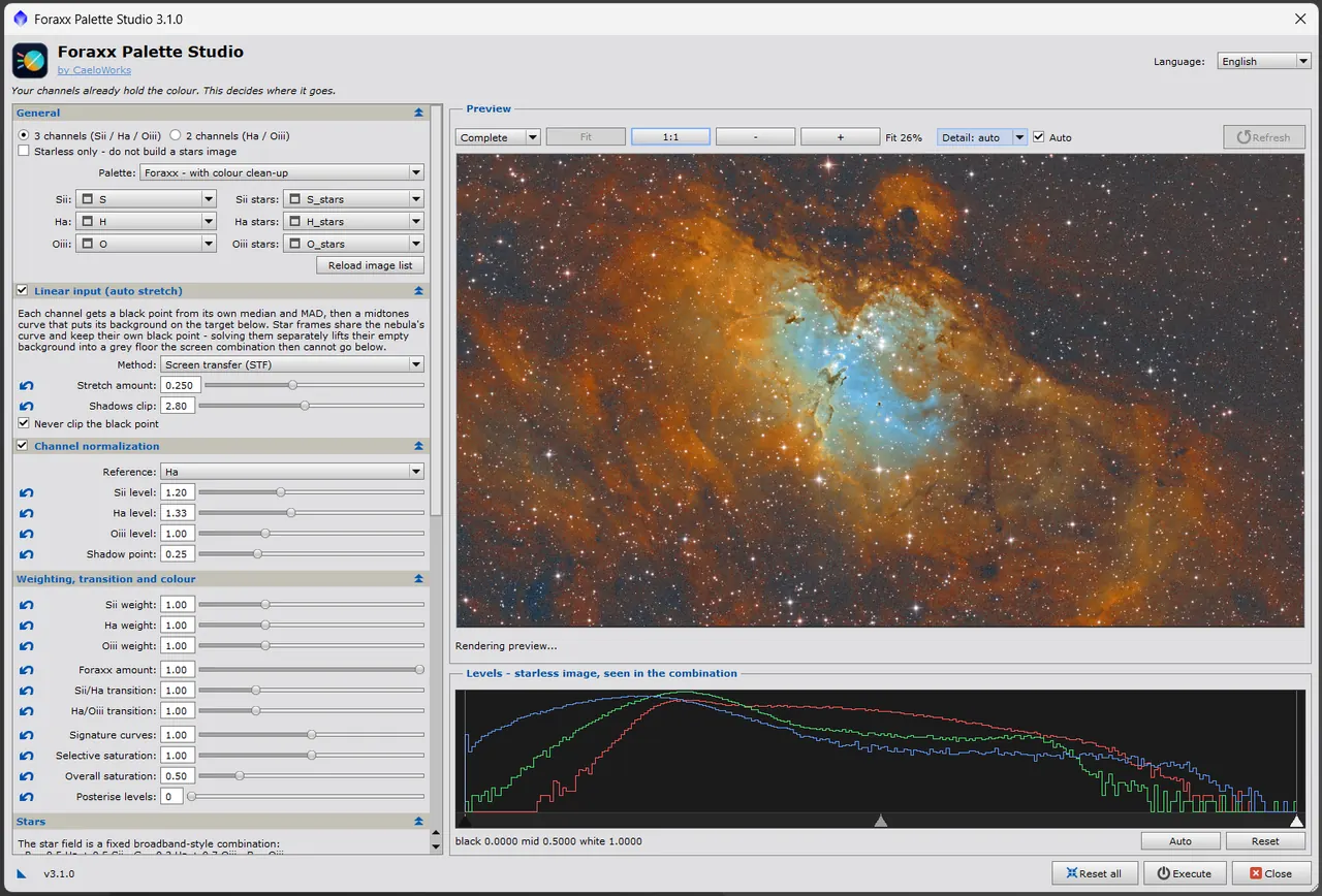 Foraxx Palette Studio 3.1.0 sur la nébuleuse de l'Aigle (M 16) en palette Foraxx SHO : à gauche les canaux Sii/Ha/Oiii, l'entrée linéaire (auto-étirement), la normalisation par canal et les curseurs de pondération et de transition ; au centre l'aperçu en direct « Complete » ; en bas l'histogramme et les niveaux de l'image starless.