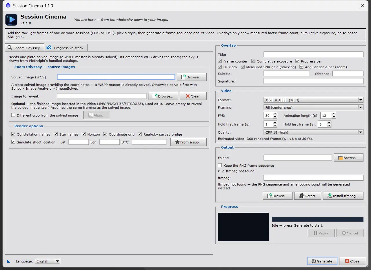 Session Cinema, Zoom Odyssey tab (the one the script opens on): plate-solved (WCS) image and image to reveal as inputs, a Render options group (constellation and star names, horizon, coordinate grid, real-sky survey bridge, simulated shoot location), and on the right the overlays, the video and the output