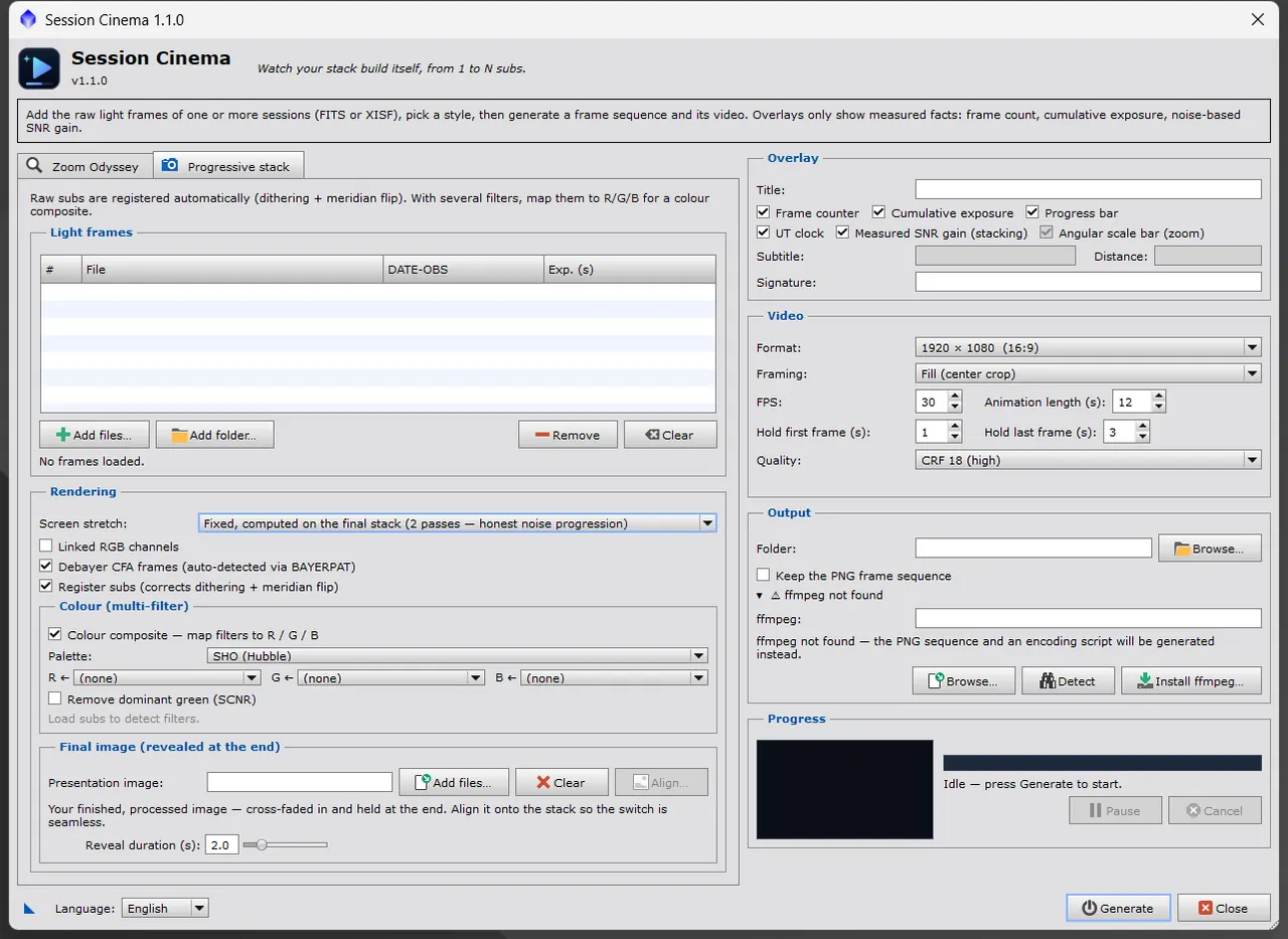Session Cinema, Progressive stack tab: the list of subframes, rendering (fixed stretch computed on the final stack, debayering, registration), the SHO colour composite, and the finished image revealed at the end with its align button