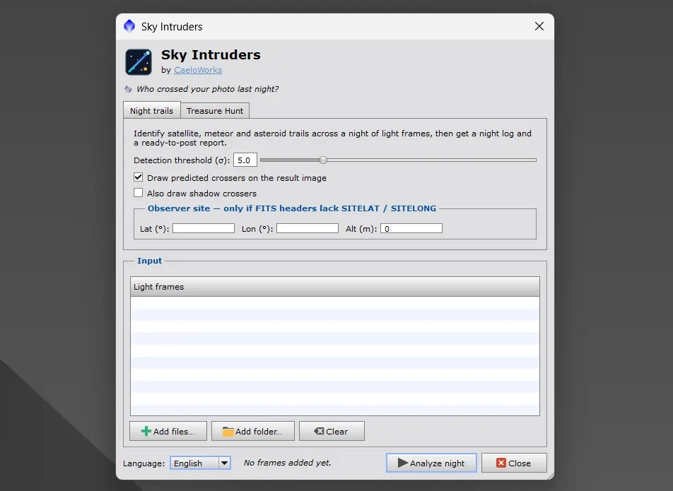 Sky Intruders, Night trails tab: detection threshold in sigma, optional drawing of predicted crossers, fallback observer site when the FITS headers lack it, and the list of light frames to analyse