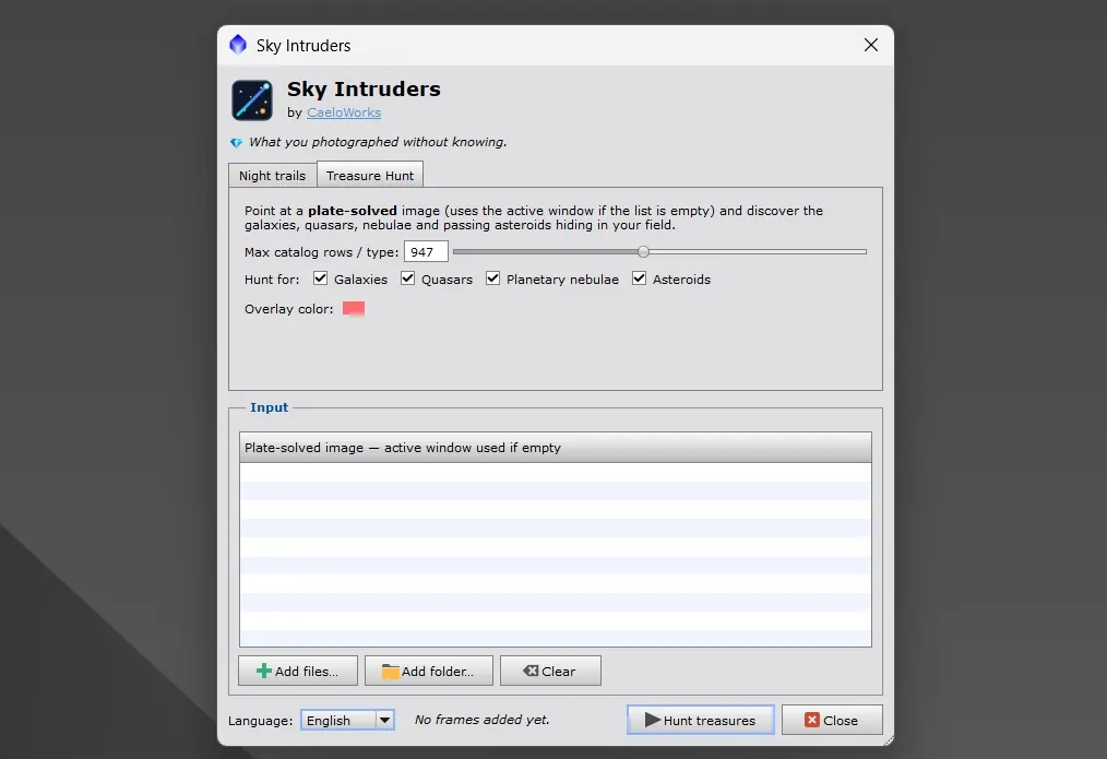 Sky Intruders, Treasure Hunt tab: maximum catalogue rows, checkboxes for galaxies, quasars, planetary nebulae and asteroids, chart accent colour, and the plate-solved image as input